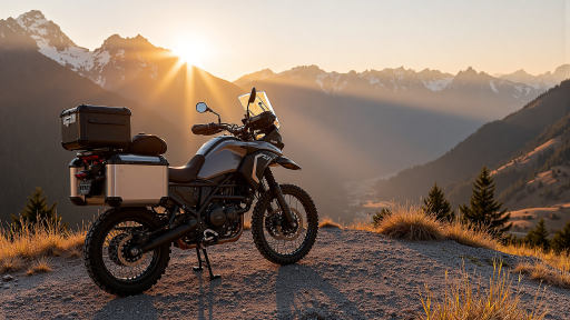 冒险型摩托车，全地形轮胎，护板保护，行李架配置，户外探险场景