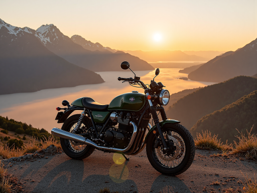 摩托车手在山路上骑行，阳光洒落，风景优美，侧身视角，户外骑行场景