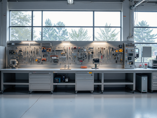 专业摩托车维修车间，技师维护保养，现代化工具设备，专业服务场景